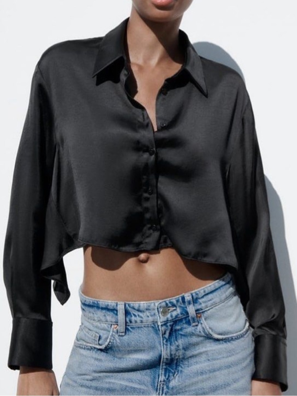 Zara Button Satin Shirt - Black xs